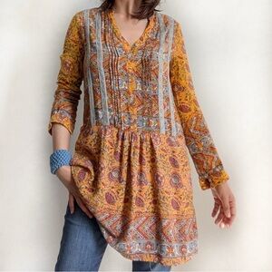 Tiny Anthropologie Yellow Printed Drop Waist Long Sleeve Boho Dress